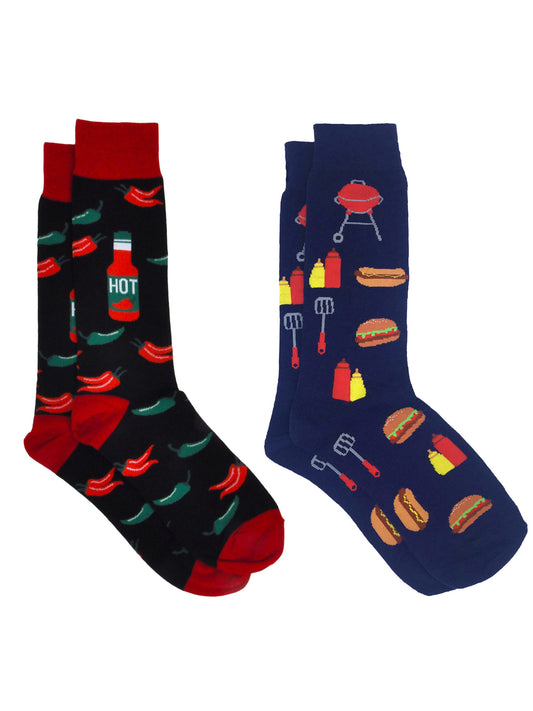 Men's Hot Sauce Chili Peppers Socks & BBQ Grill Hamburger Socks 2-Pair Set