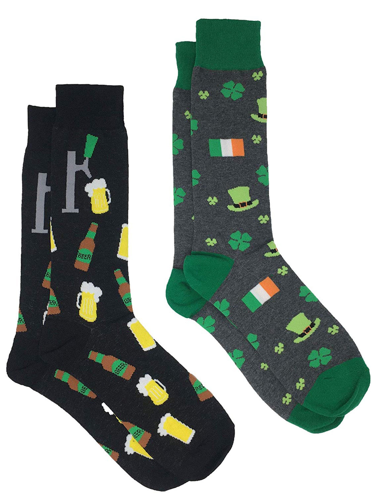 Men's St Patricks Day Irish Luck and Beer Tap w/ Mugs Socks 2-Pairs Black Gray