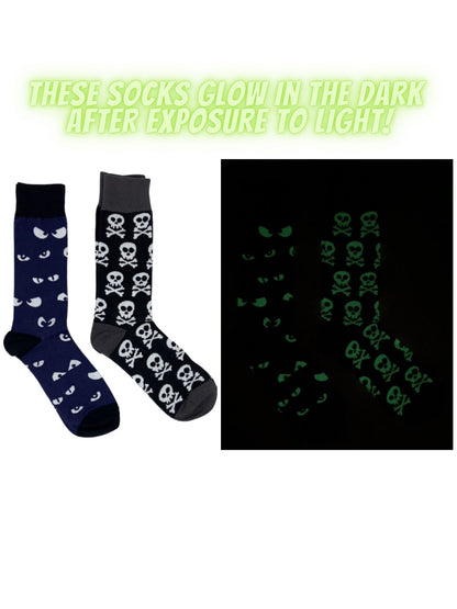 Men's Halloween Socks Spooky Eyes & Skull and Crossbone Glow in the Dark 2 Pairs