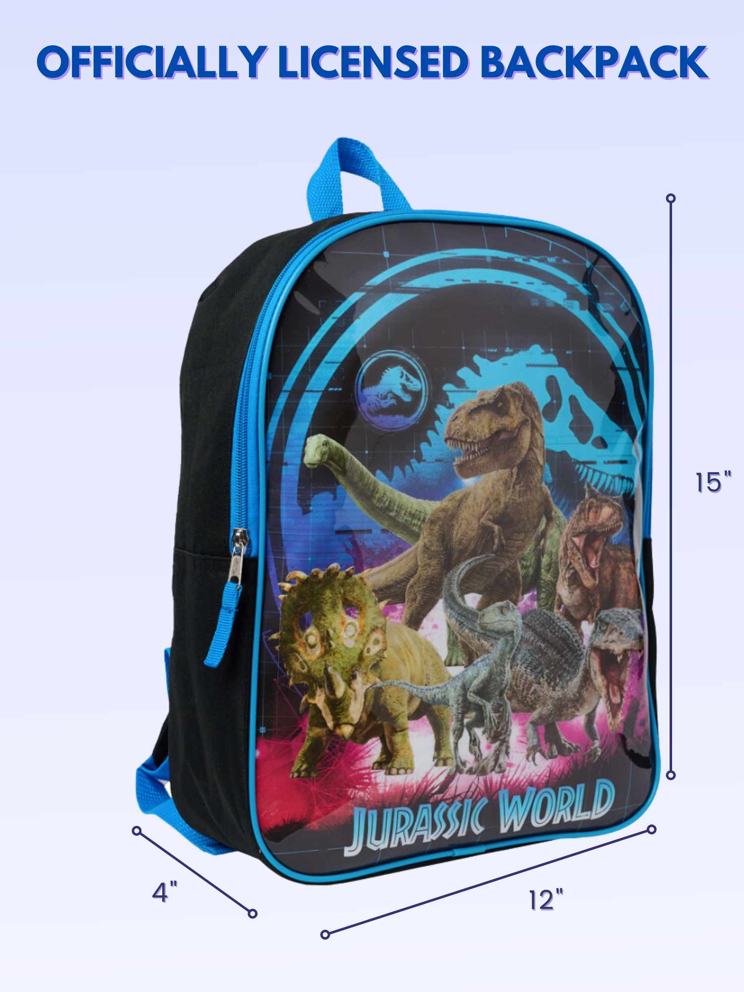 Jurassic World Backpack 15" Dinosaurs T-Rex Carnotaurus Kids Boys Black