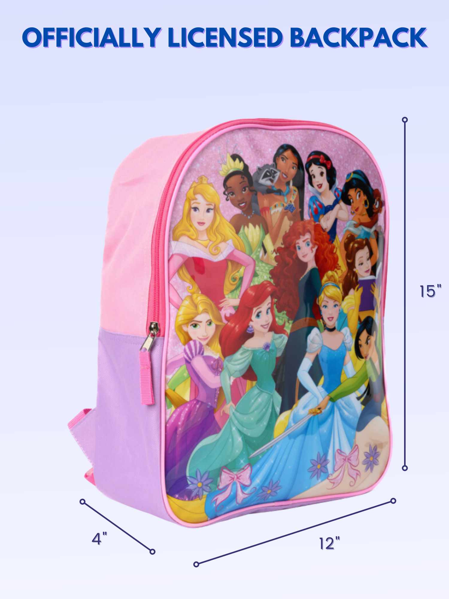 Disney Princesses Backpack 15" Mulan Ariel Belle Jasmine Tiana Girls Kids Pink