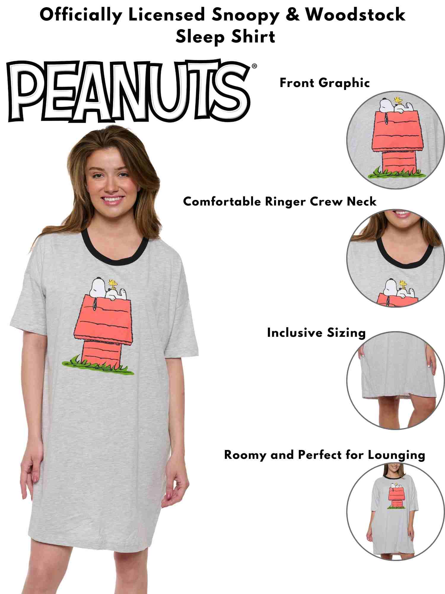 Womens & Womens Plus Size Peanuts Snoopy & Woodstock Sleep Shirt Pajamas Gray