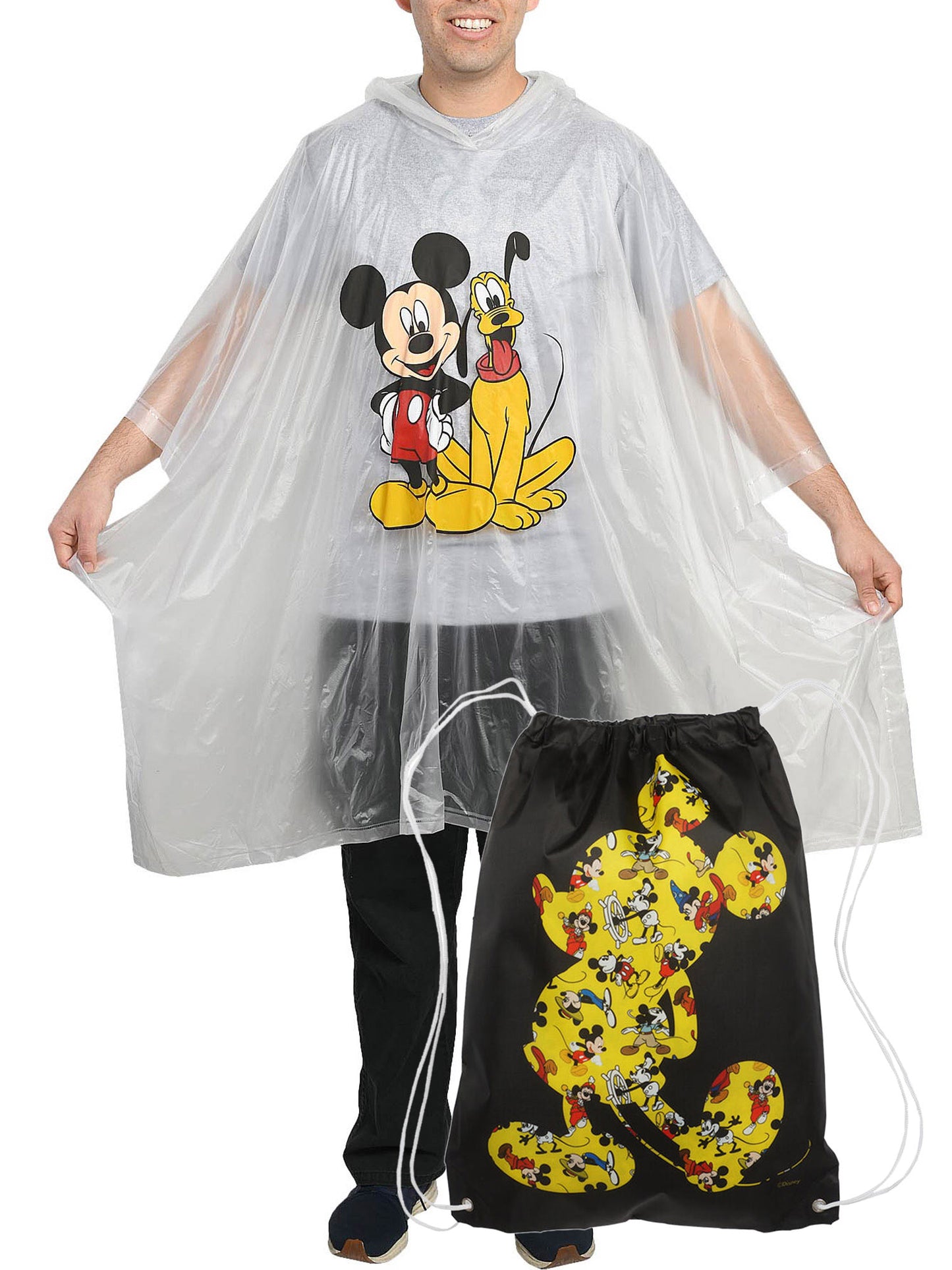 Disney Mickey Mouse Black 18" Drawstring Bag w/ Mickey Pluto Rain Poncho Set