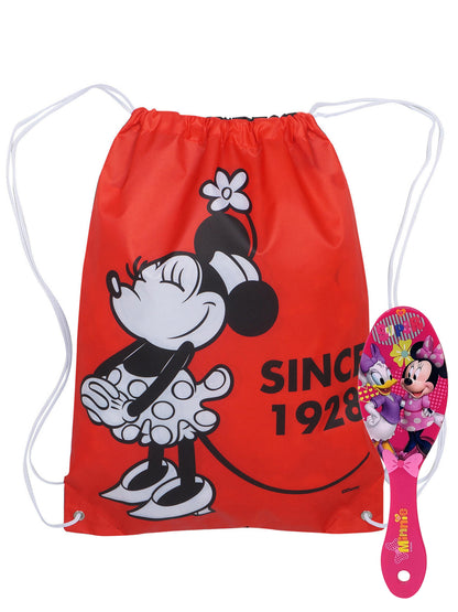 Girls Minnie Mouse 18" Drawstring Sling Bag w/ Minnie Hair Brush Gift Set