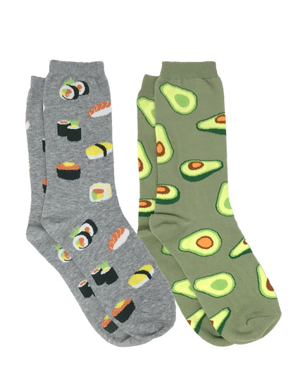 Women's Avocado & Sushi Rolls Sashimi Crew Socks 2-PAIRS All-Over Print Food