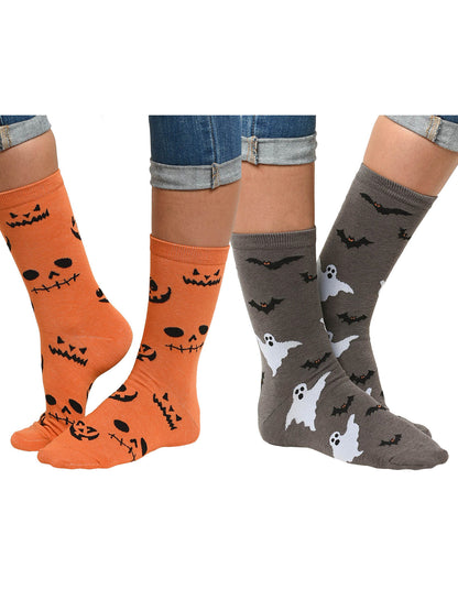 Women's Jack O Lantern and Bats & Ghosts Halloween Socks Novelty Crew 2-Pack