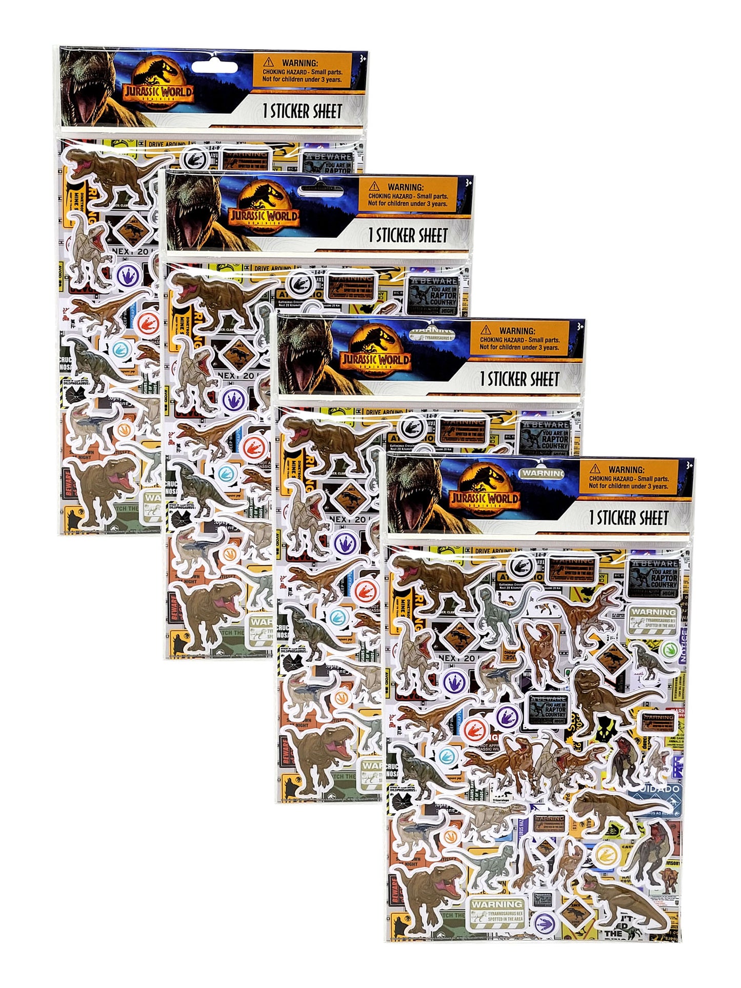 Jurassic World Raised Sticker Sheet 4 Pack Set