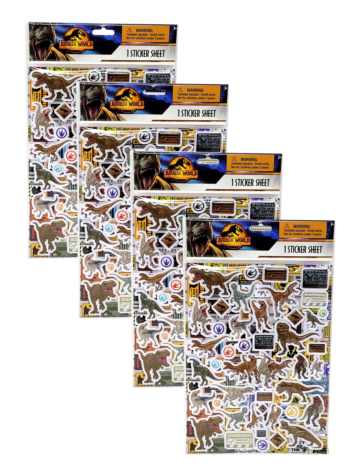 Jurassic World Raised Sticker Sheet 4 Pack Set