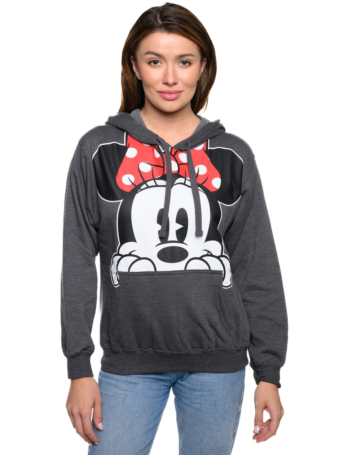 Disney Women's Minnie Mouse Hoodie Sweatshirt Pullover Minnie Face Charcoal