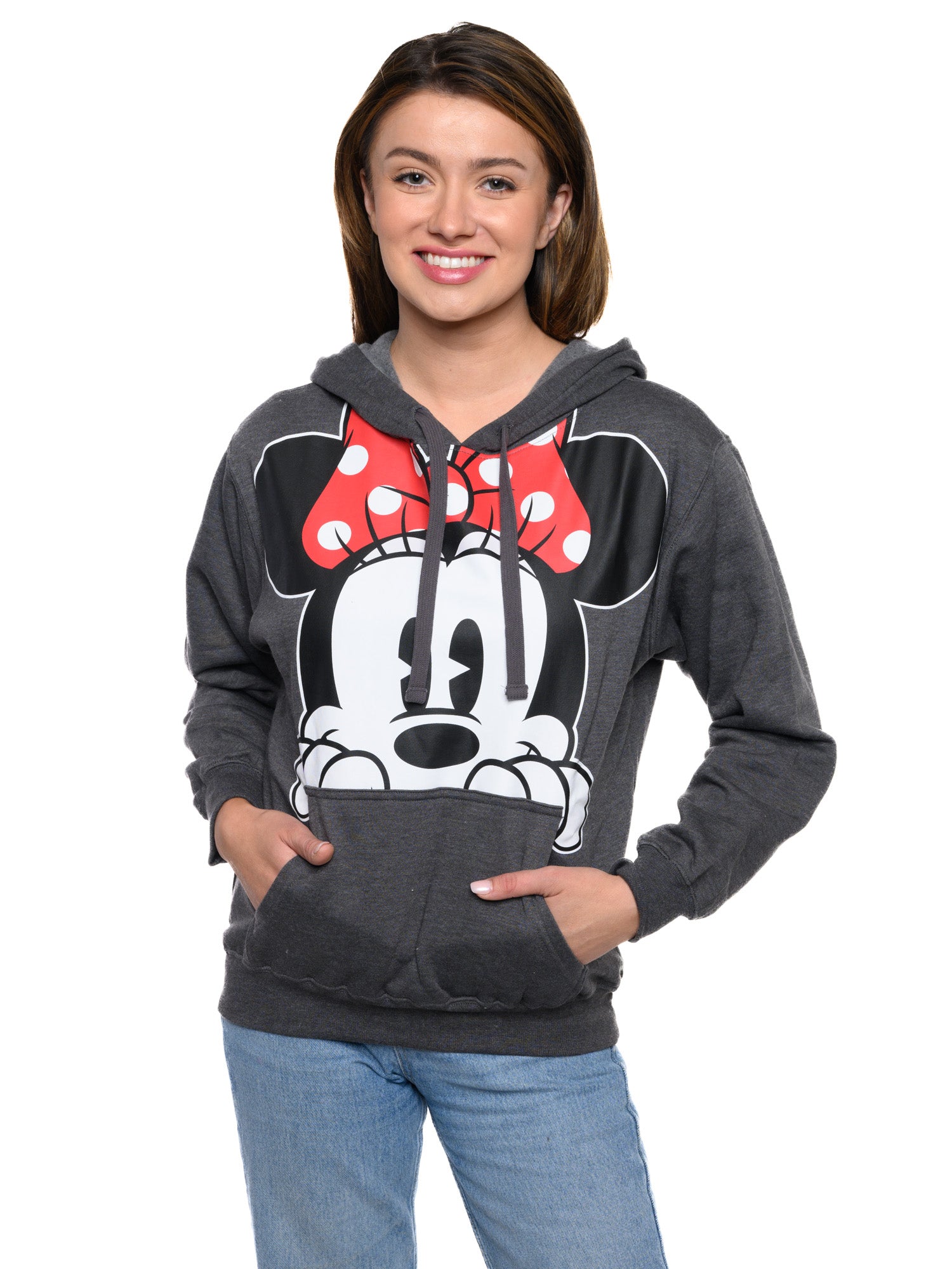 Disney Women's Minnie Mouse Hoodie Sweatshirt Pullover Minnie Face Charcoal