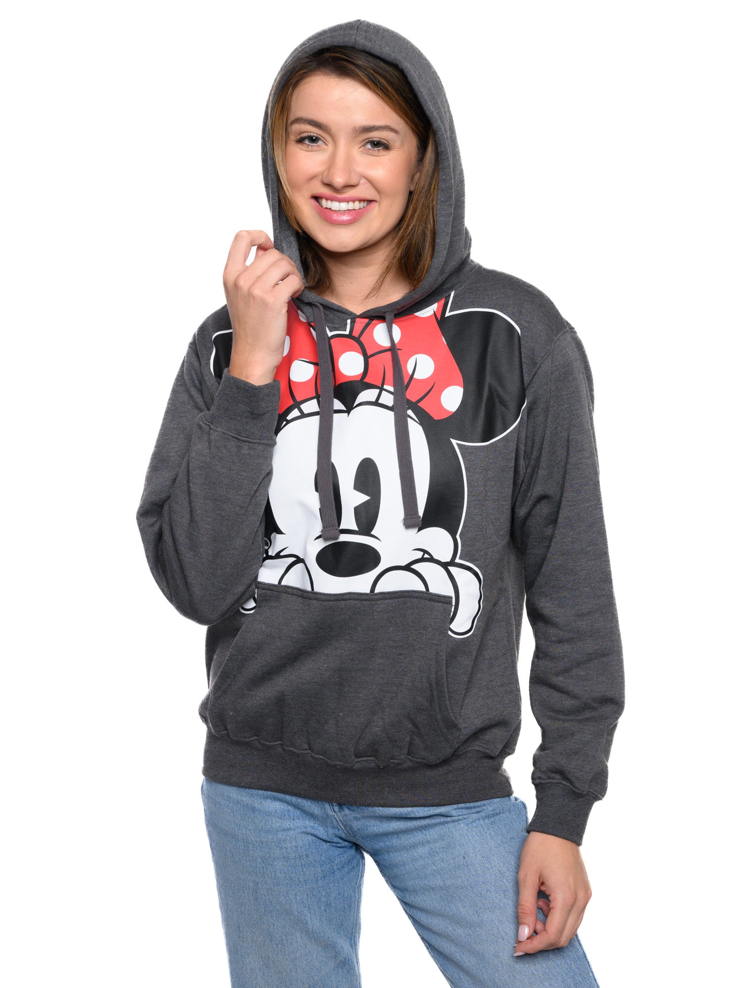 Disney Women's Minnie Mouse Hoodie Sweatshirt Pullover Minnie Face Charcoal