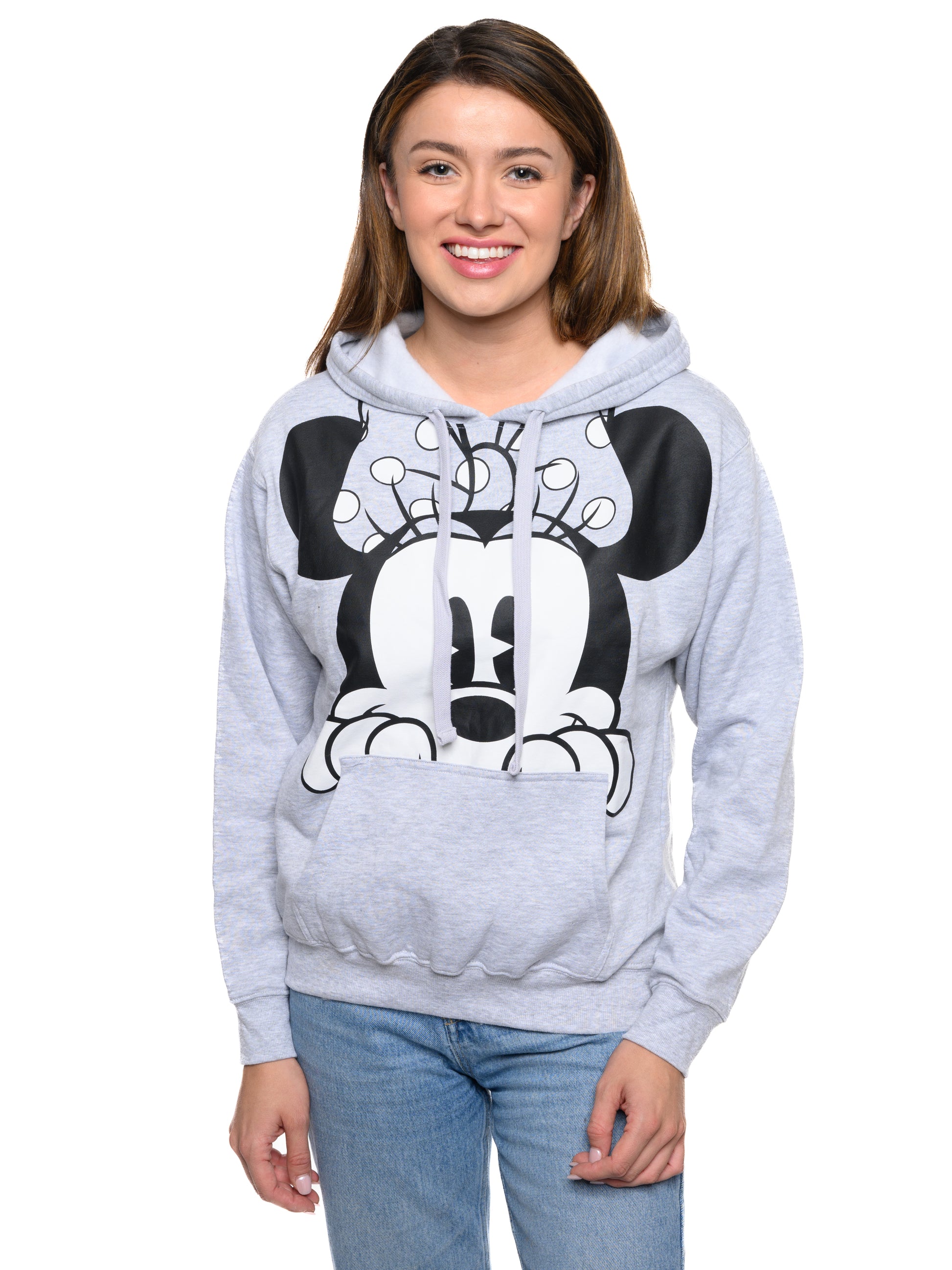 Disney Women Minnie Mouse Hoodie Peeking Pullover Sweatshirt Gray