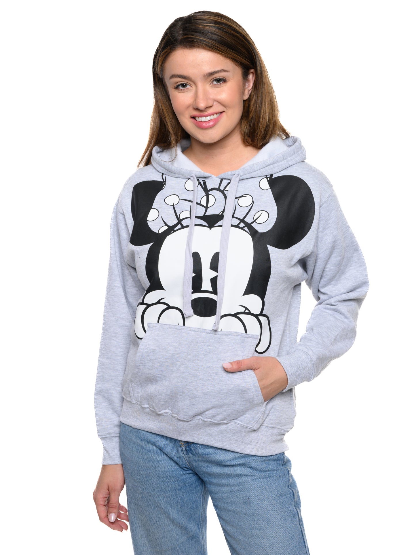 Disney Women Minnie Mouse Hoodie Peeking Pullover Sweatshirt Gray