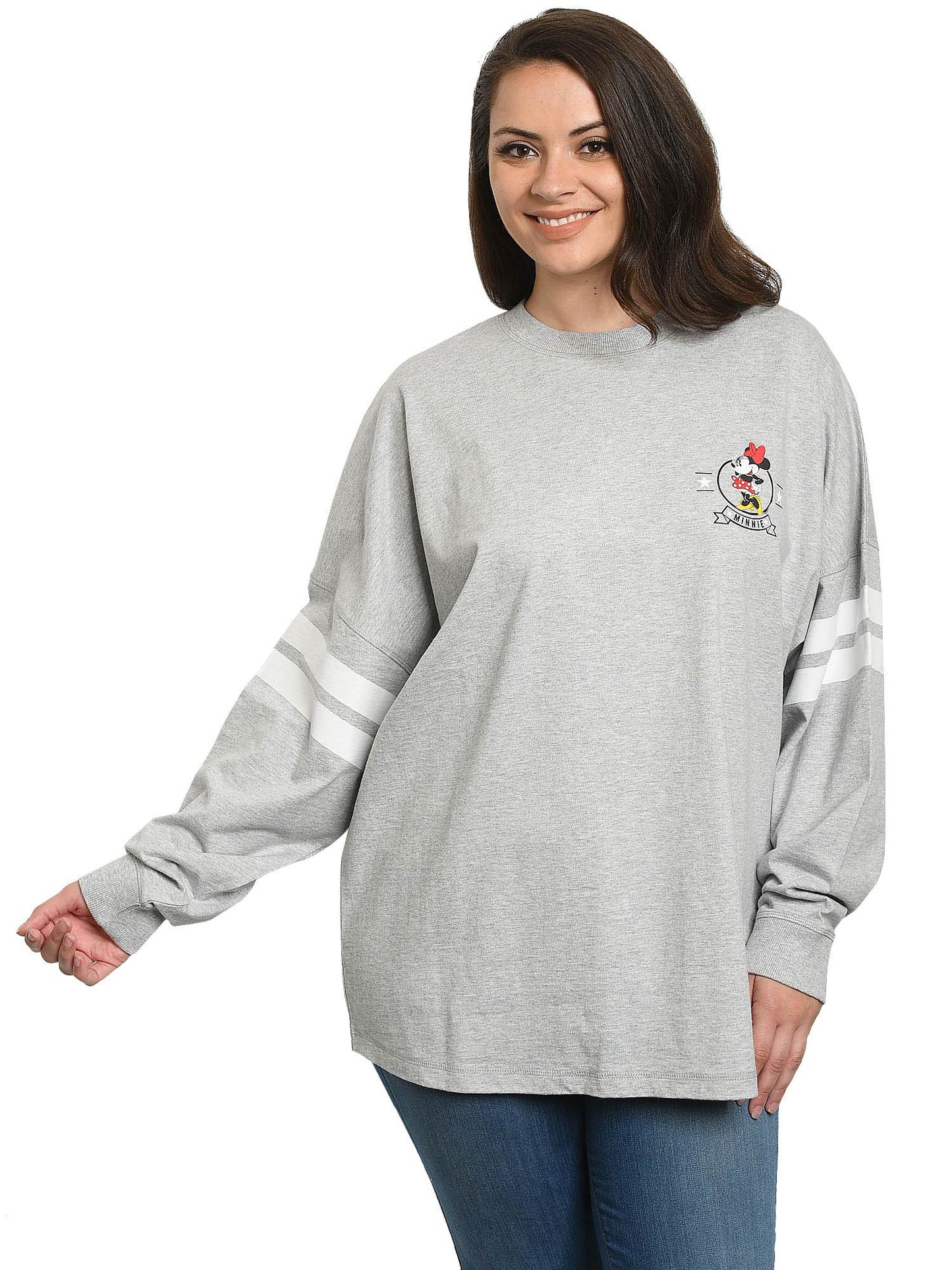 Disney Women Minnie Mouse Sweatshirt Jersey Long Sleeve Light Gray