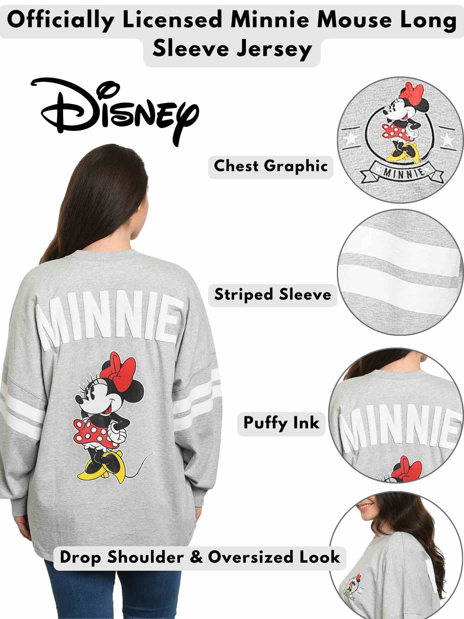 Disney Women Minnie Mouse Sweatshirt Jersey Long Sleeve Light Gray