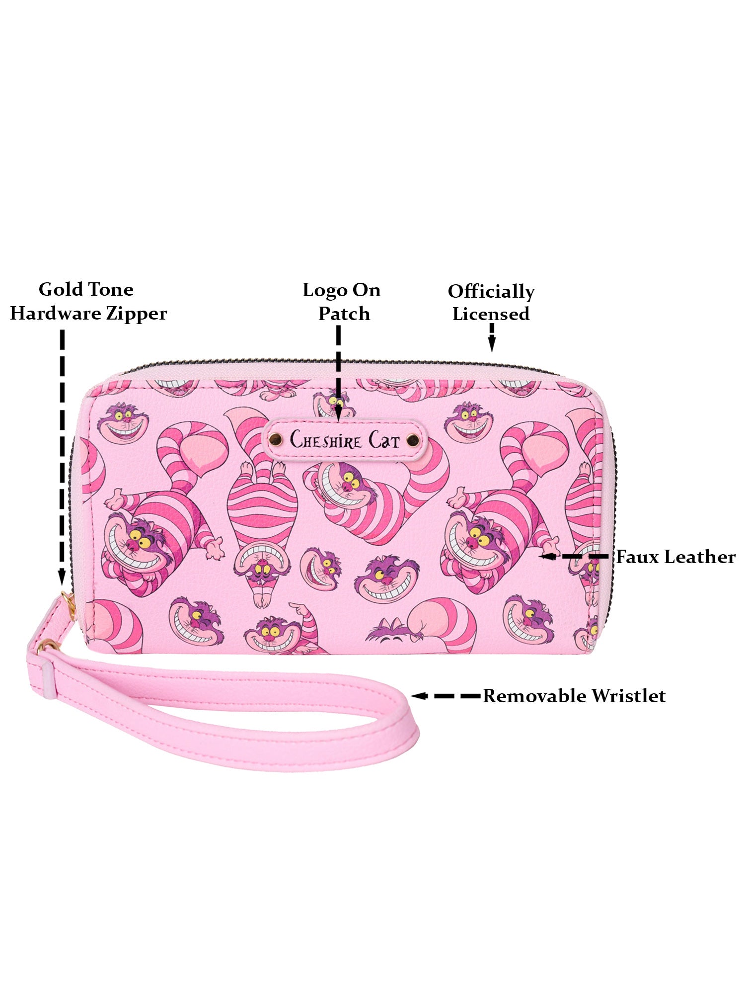 Cheshire Cat Women's Wallet Zip Around Wristlet Disney All-Over Character Print