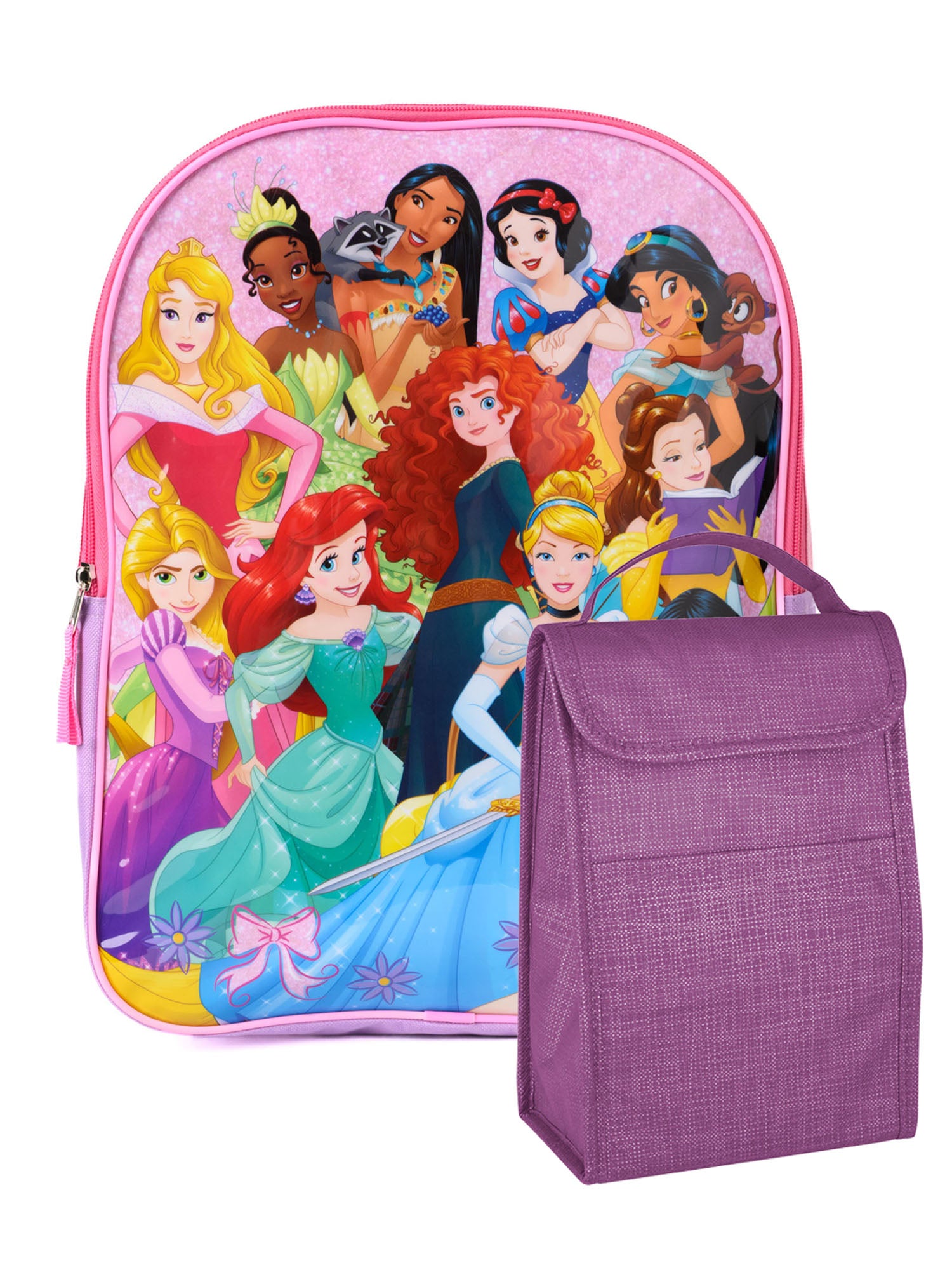 Disney Princesses Backpack 15" Ariel w/ Purple Insulated Lunch Bag 2-Piece Set