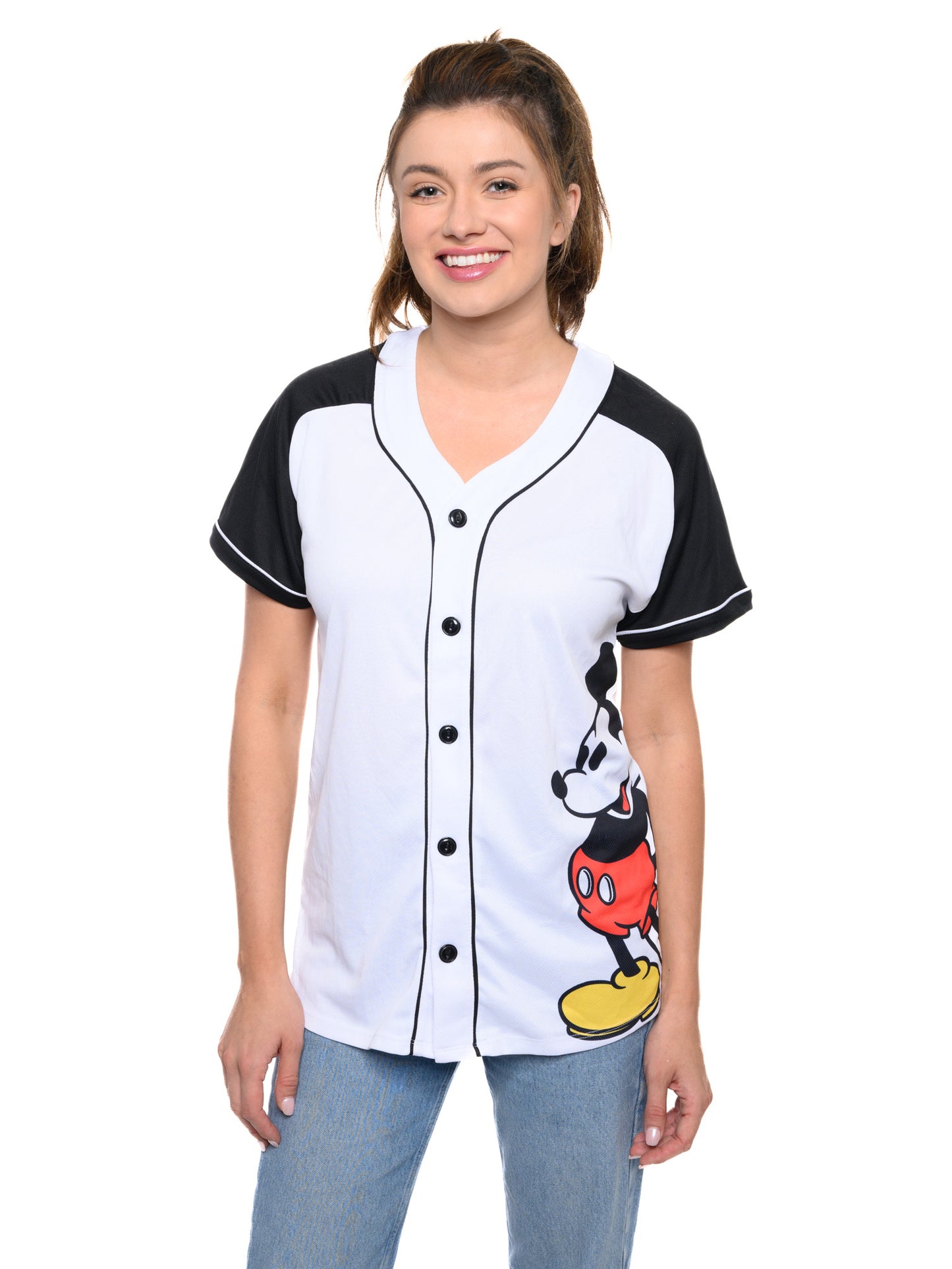 Women's Mickey Mouse Baseball Jersey Shirt White Button Down