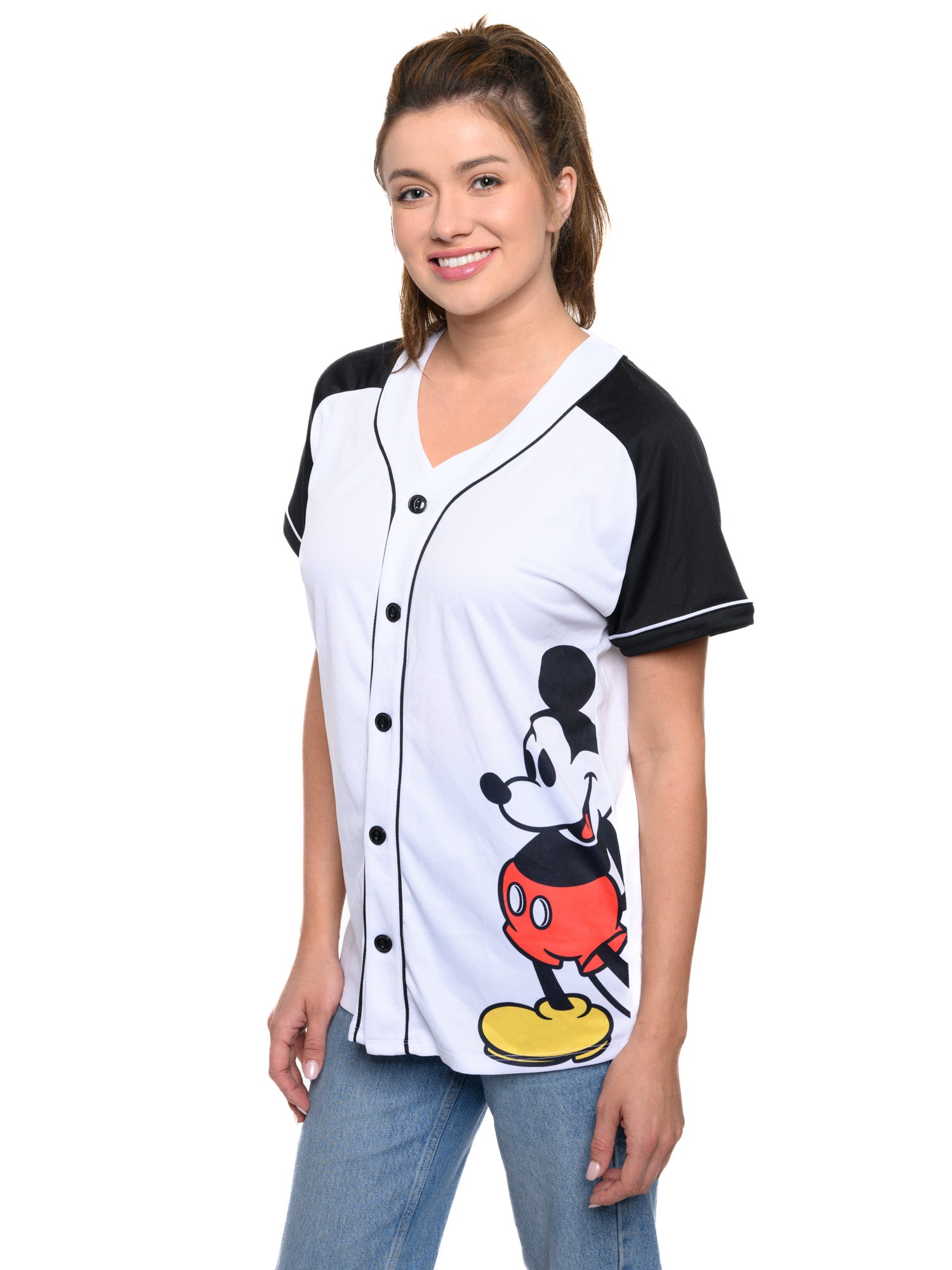 Women's Mickey Mouse Baseball Jersey Shirt White Button Down