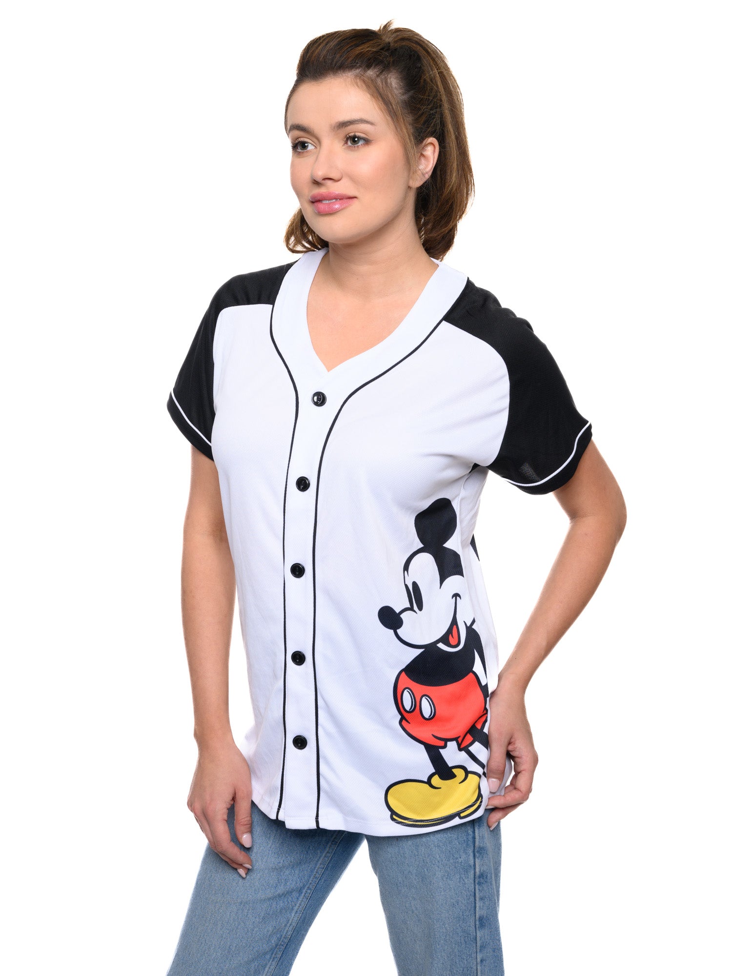 Women's Mickey Mouse Baseball Jersey Shirt White Button Down