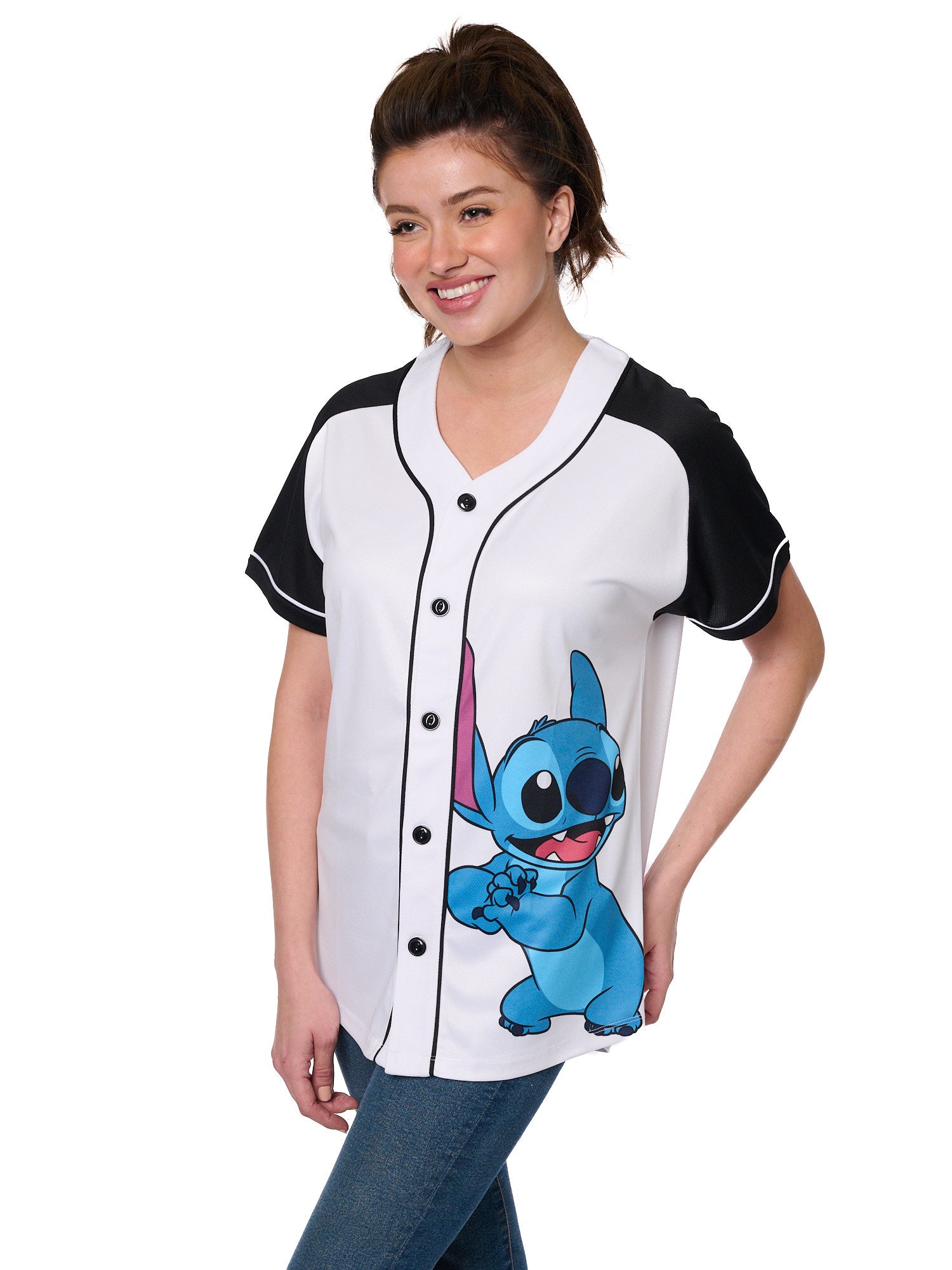 Women's Stitch Baseball Jersey Button Down Shirt White Disney