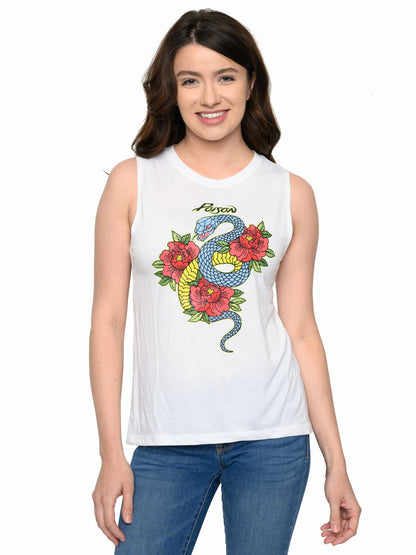 Women's Poison Band Tee Sleeveless Snake Roses White Classic Rock T-Shirt