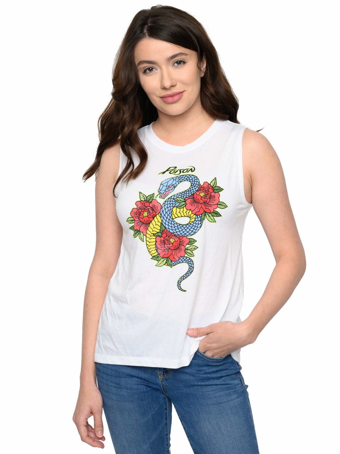 Women's Poison Band Tee Sleeveless Snake Roses White Classic Rock T-Shirt