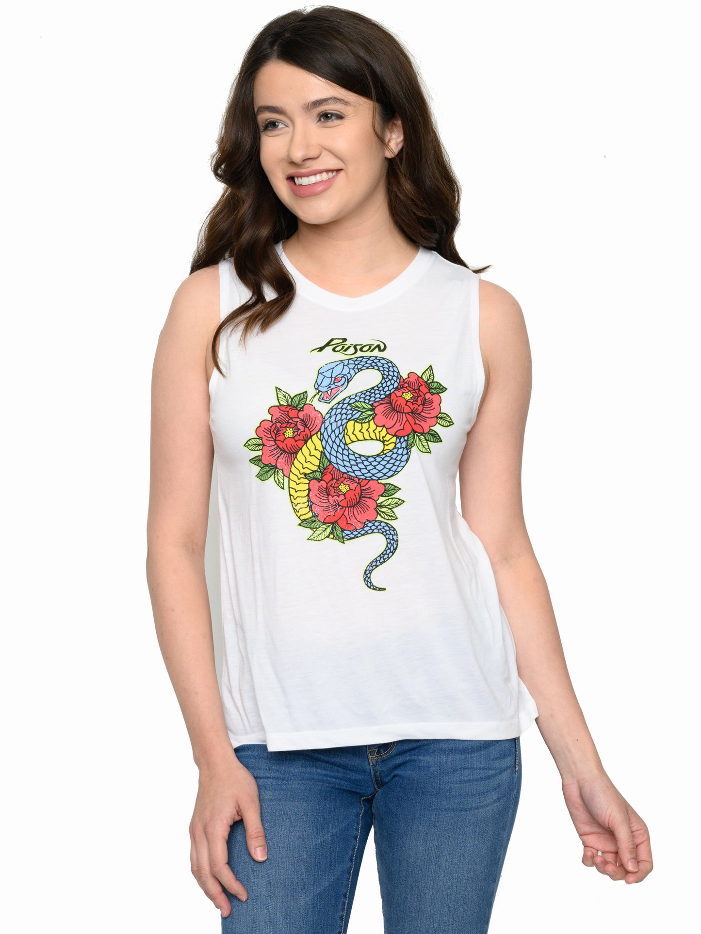 Women's Poison Band Tee Sleeveless Snake Roses White Classic Rock T-Shirt