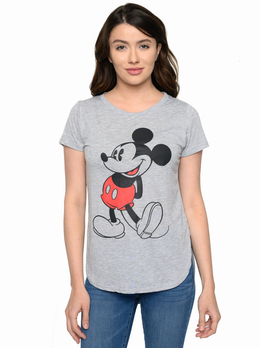 Juniors Disney Classic Mickey Mouse Hi-Low Hem T-Shirt Heather Gray