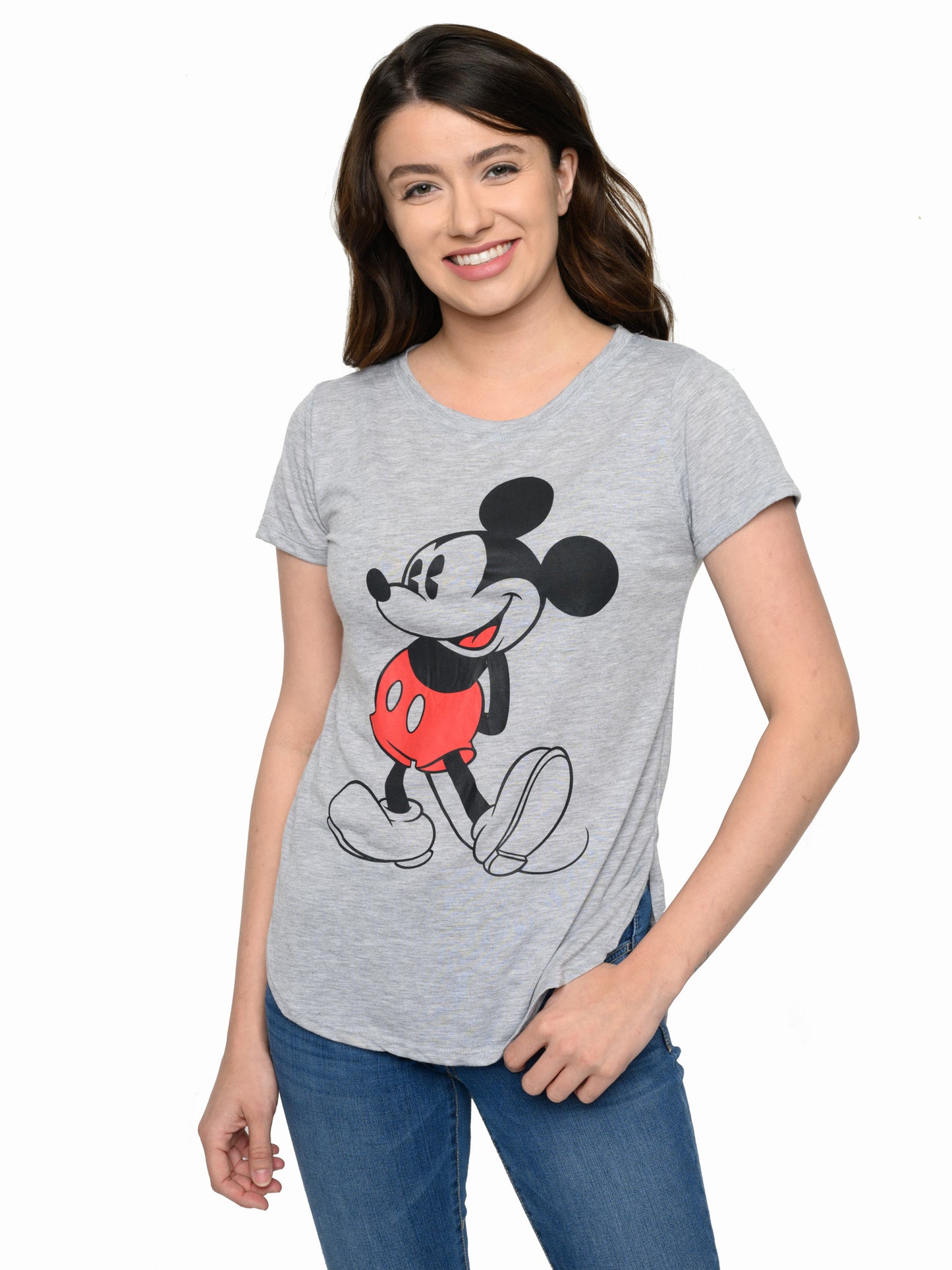 Juniors Disney Classic Mickey Mouse Hi-Low Hem T-Shirt Heather Gray