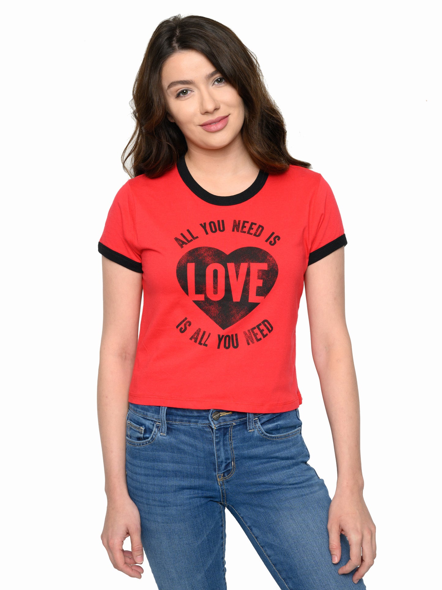 Juniors Beatles All You Need Is Love Band T-Shirt Ringer Black Red