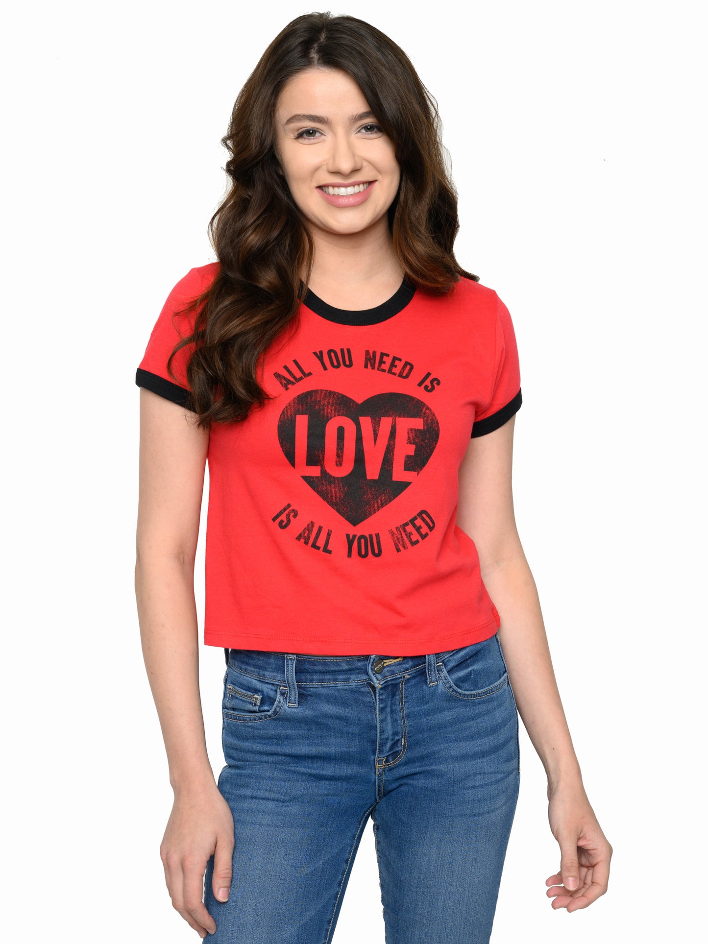 Juniors Beatles All You Need Is Love Band T-Shirt Ringer Black Red