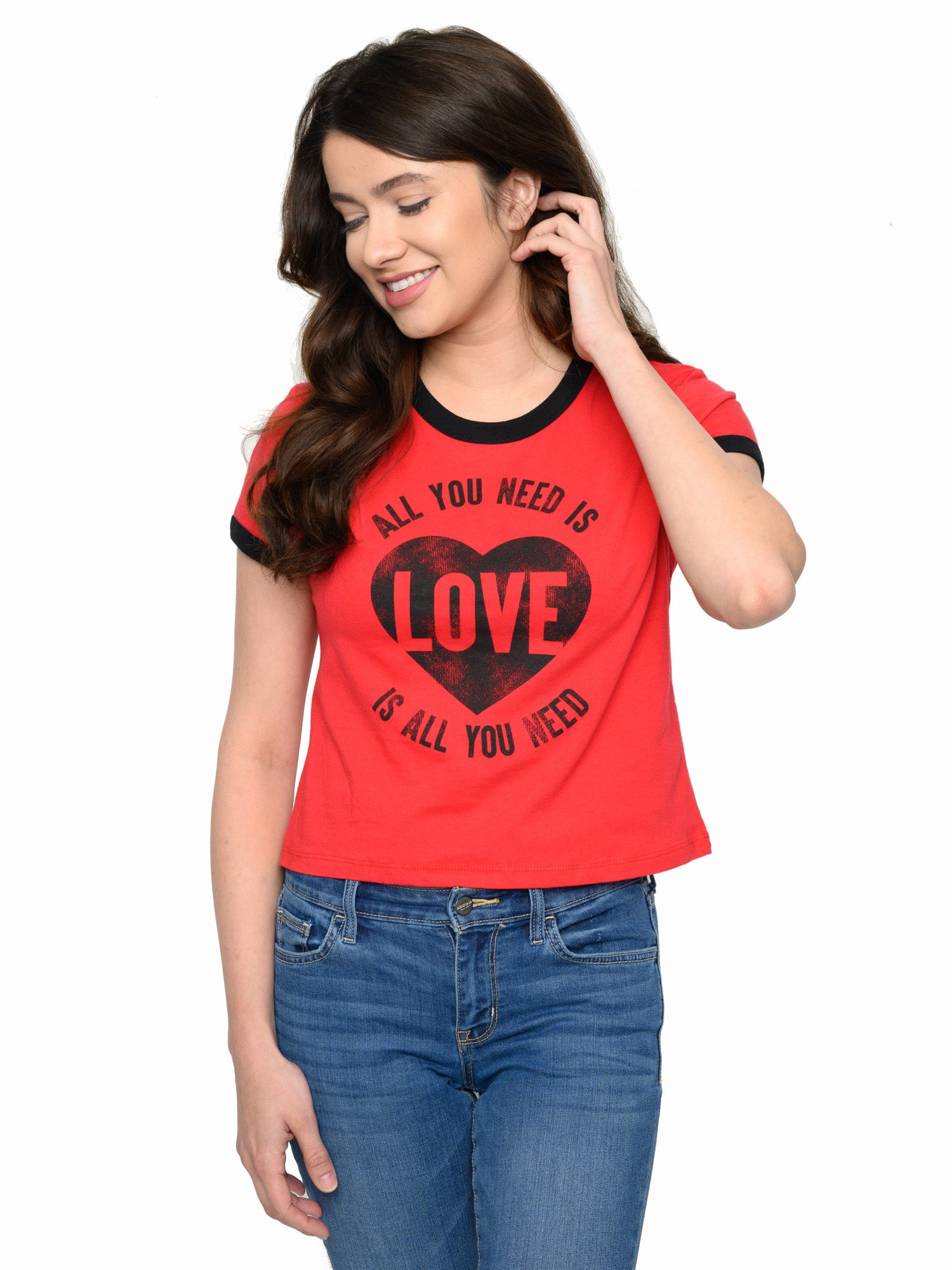 Juniors Beatles All You Need Is Love Band T-Shirt Ringer Black Red