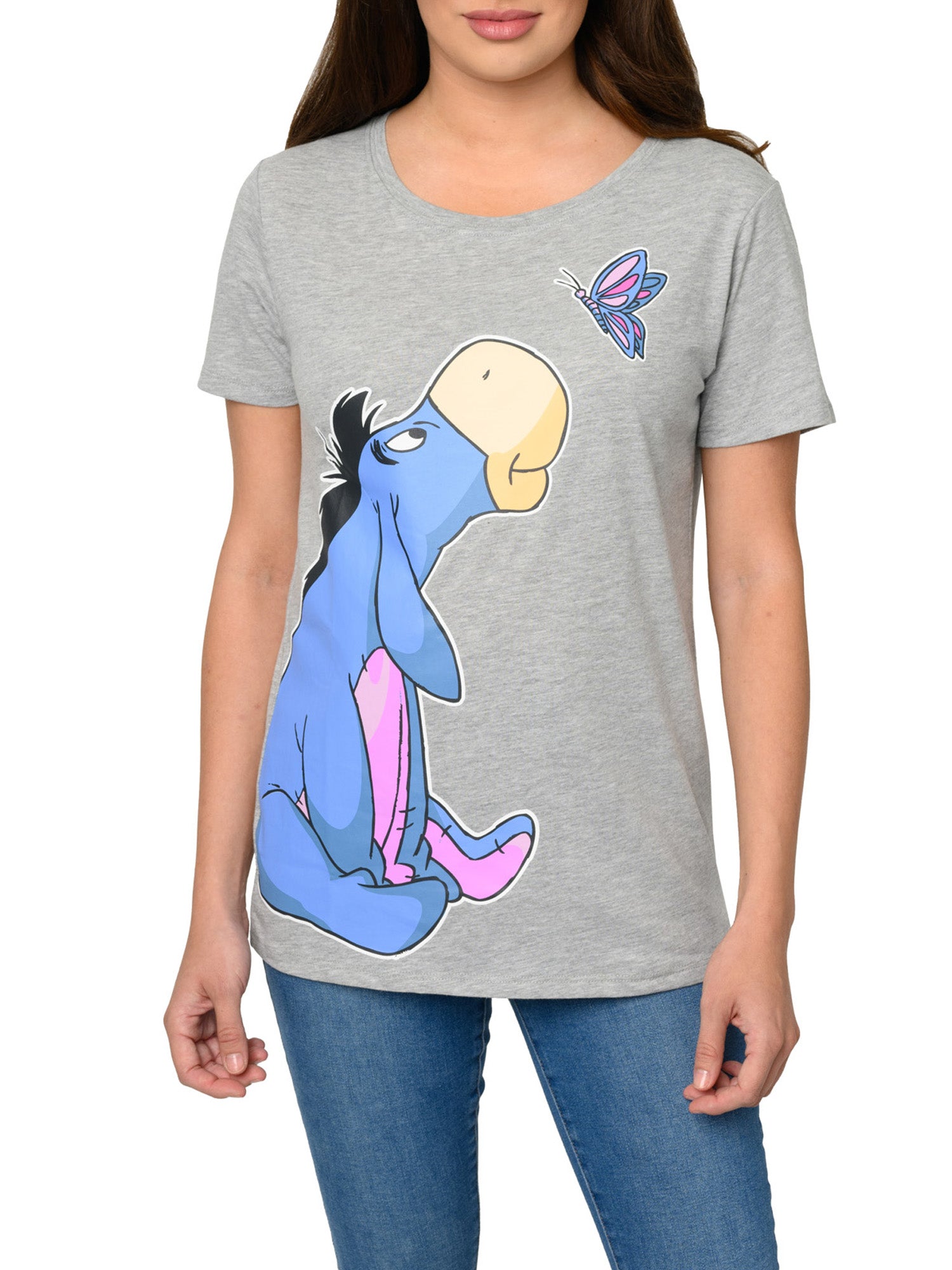 Women's Disney Eeyore T-Shirt Butterfly Short Sleeve Gray Winnie The Pooh