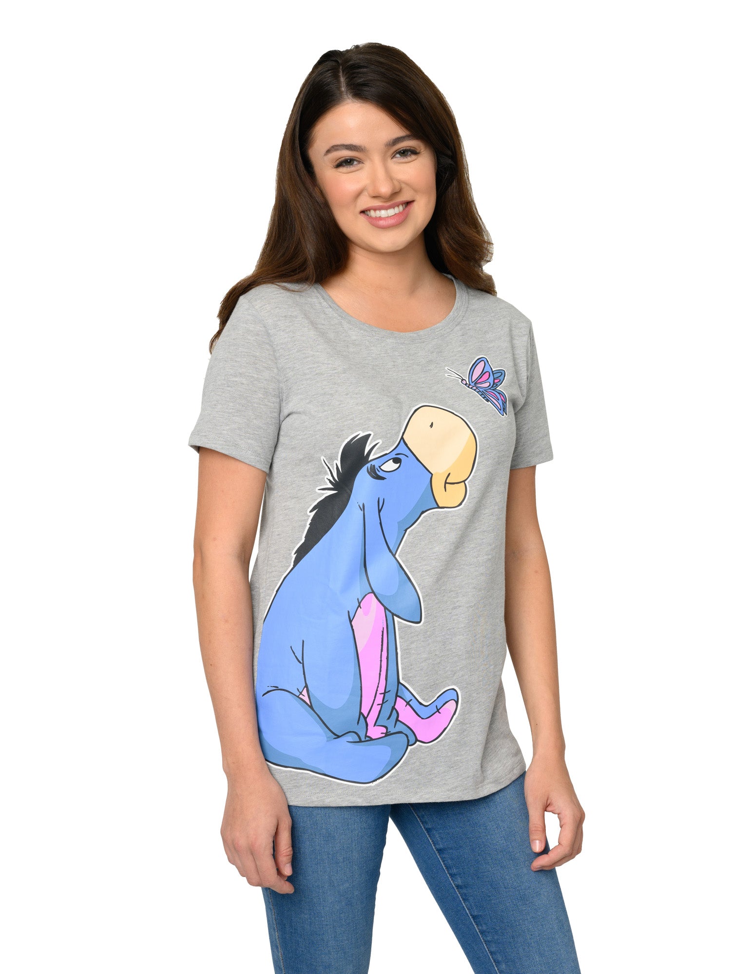 Women's Disney Eeyore T-Shirt Butterfly Short Sleeve Gray Winnie The Pooh