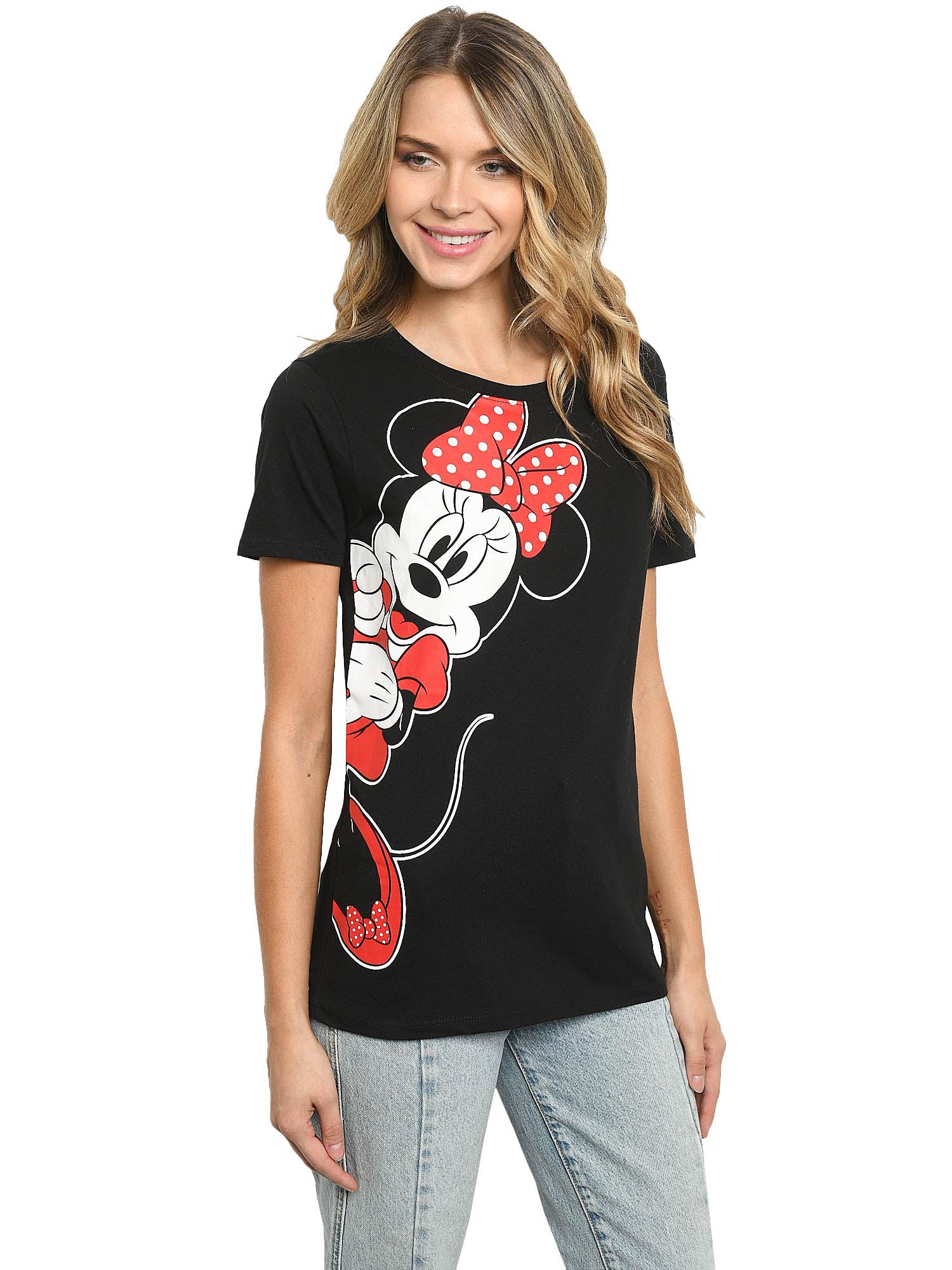 Disney Women's Minnie Mouse T-Shirt Leaning Short Sleeve Black