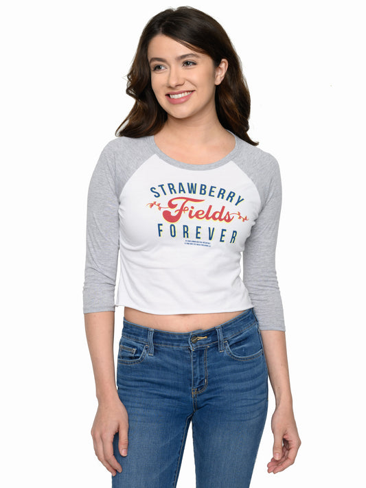 Beatles Strawberry Fields Forever White Raglan Crop Top Juniors T-Shirt