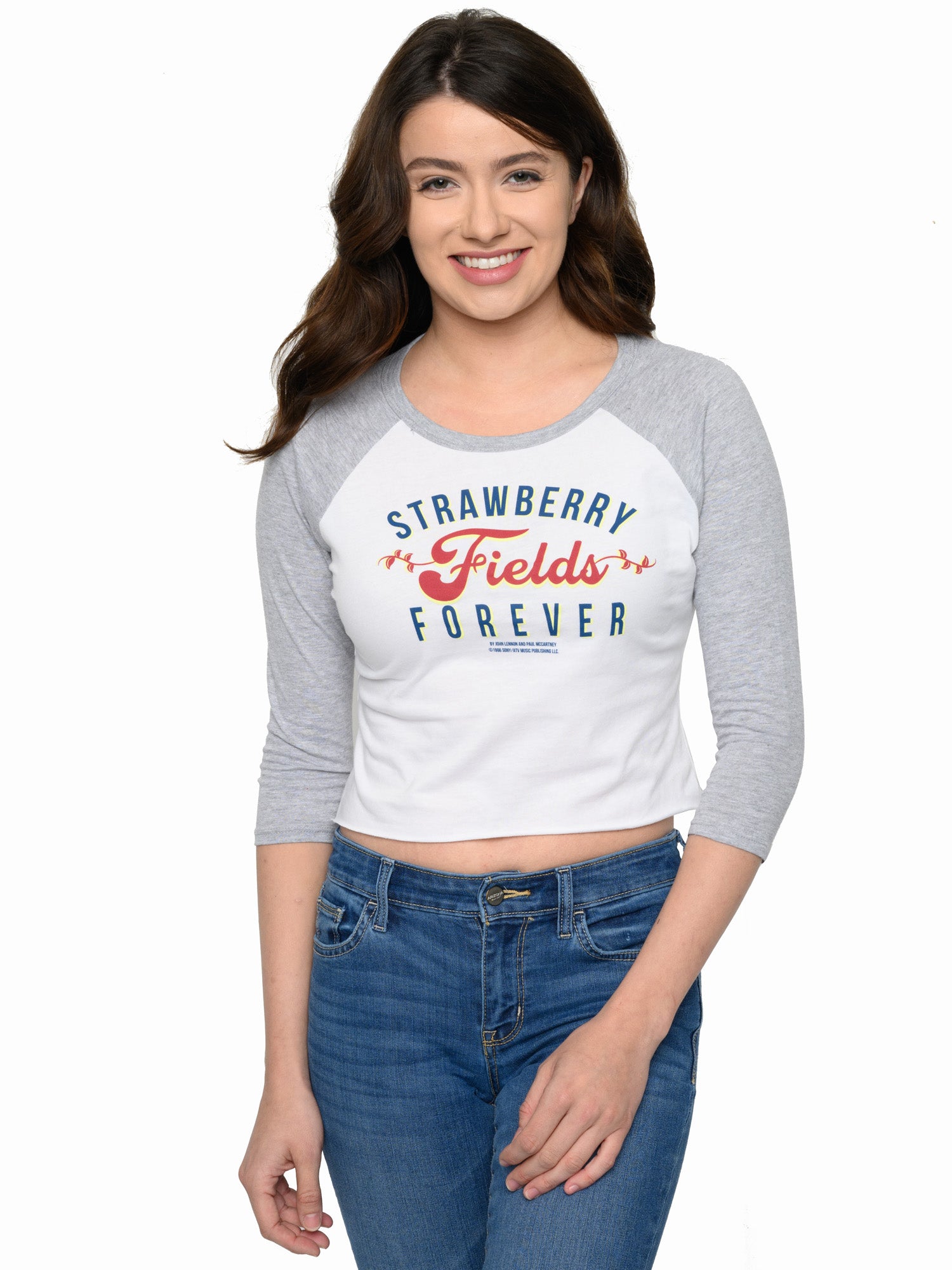 Beatles Strawberry Fields Forever White Raglan Crop Top Juniors T-Shirt