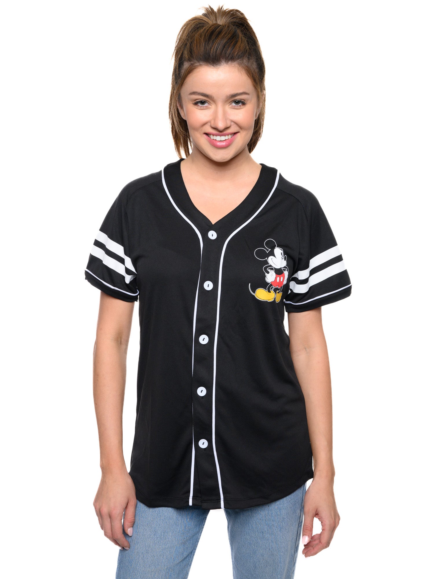 Disney Mickey Mouse Baseball Jersey Black Button Down Shirt Women's