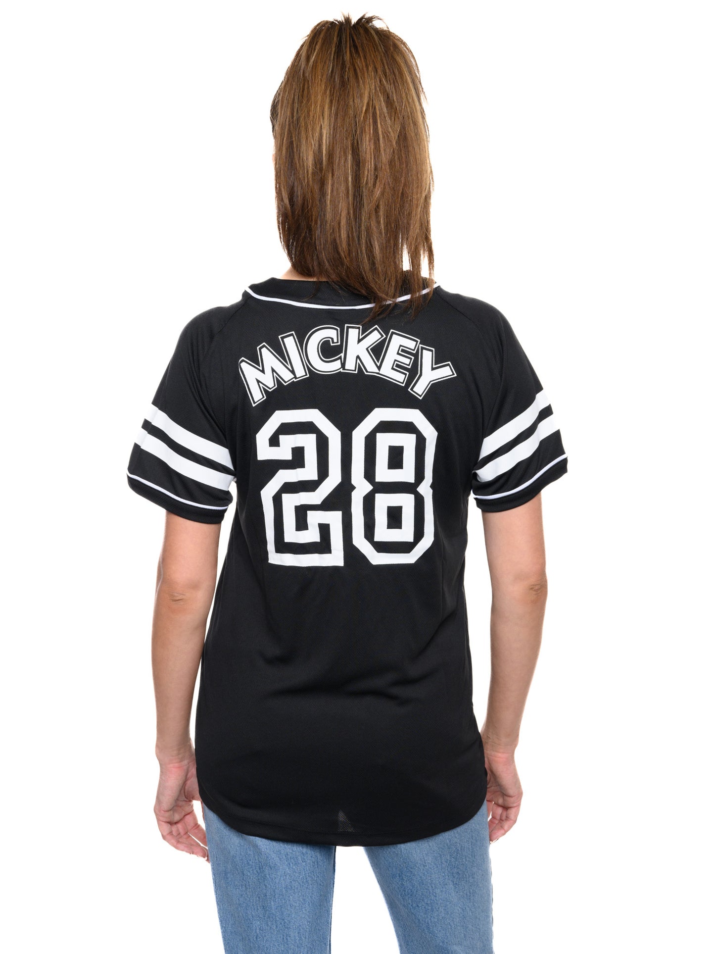 Disney Mickey Mouse Baseball Jersey Black Button Down Shirt Women's