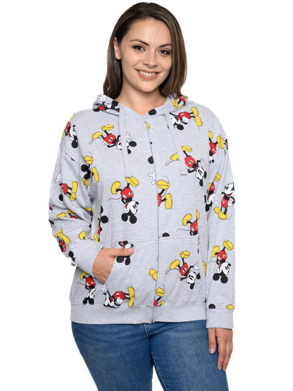 Disney Women's Plus Mickey Mouse Sweatshirt Hoodie Zippered All-Over Print Gray