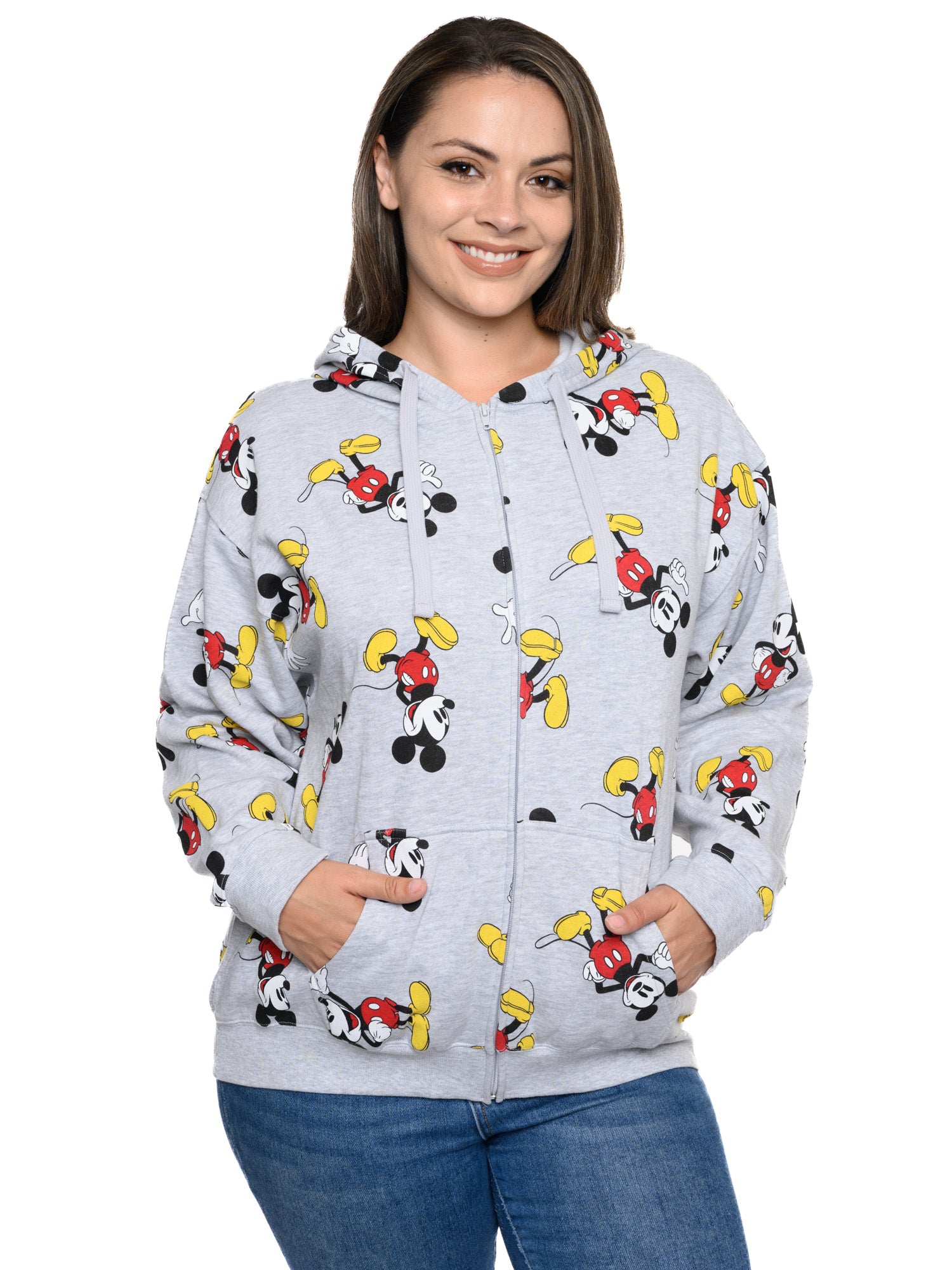 Disney Women's Plus Mickey Mouse Sweatshirt Hoodie Zippered All-Over Print Gray