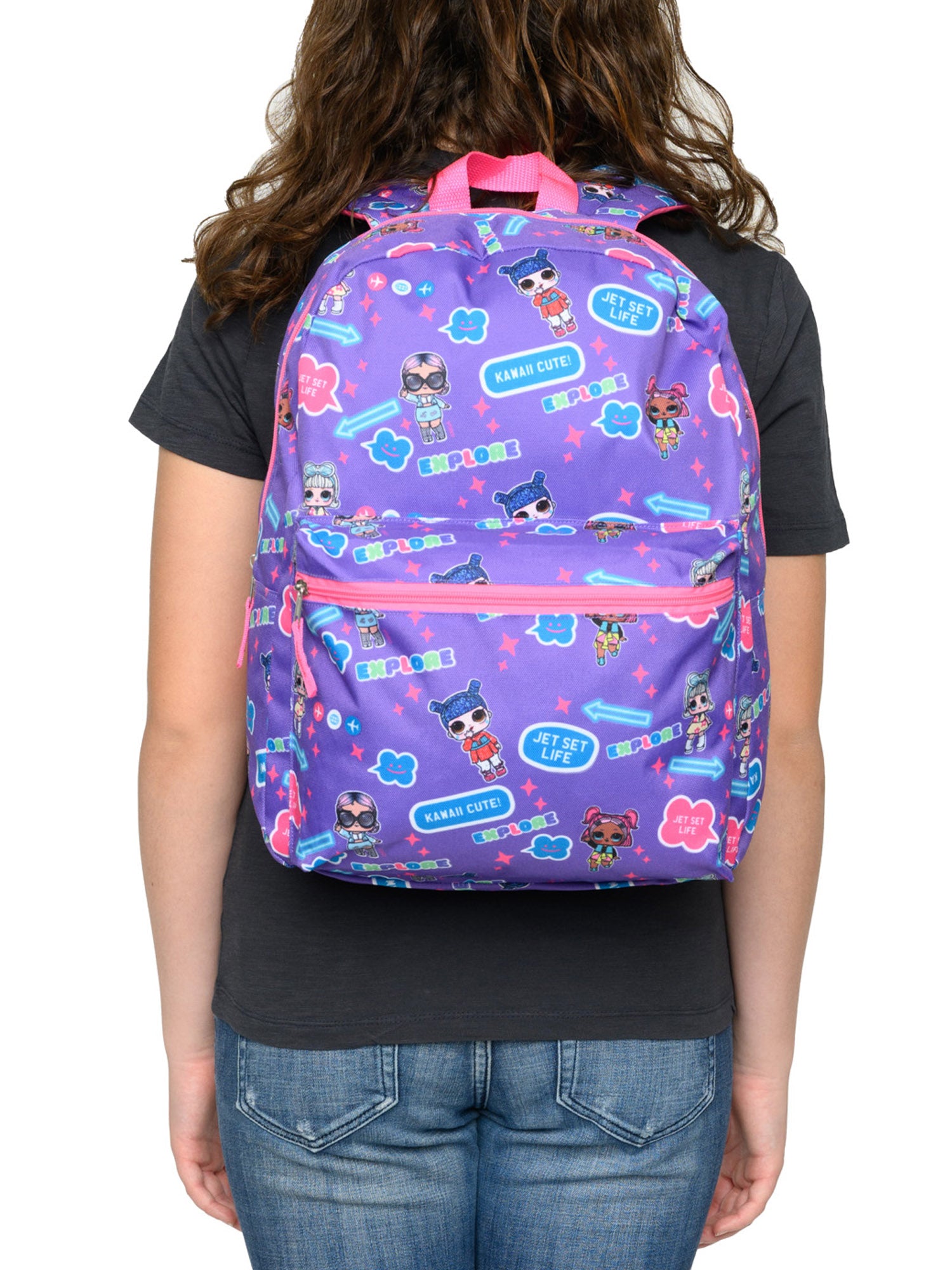 LOL School Backpack w/ Popper Fidget Keychain Set LOL Surprise Girls Purple