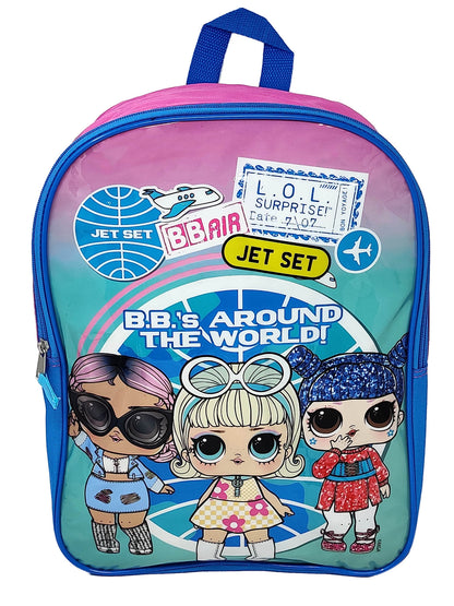 LOL Surprise 15" Backpack Jet Set Pink Kawaii w/ Elastic Hair Ponies 4-CT Set