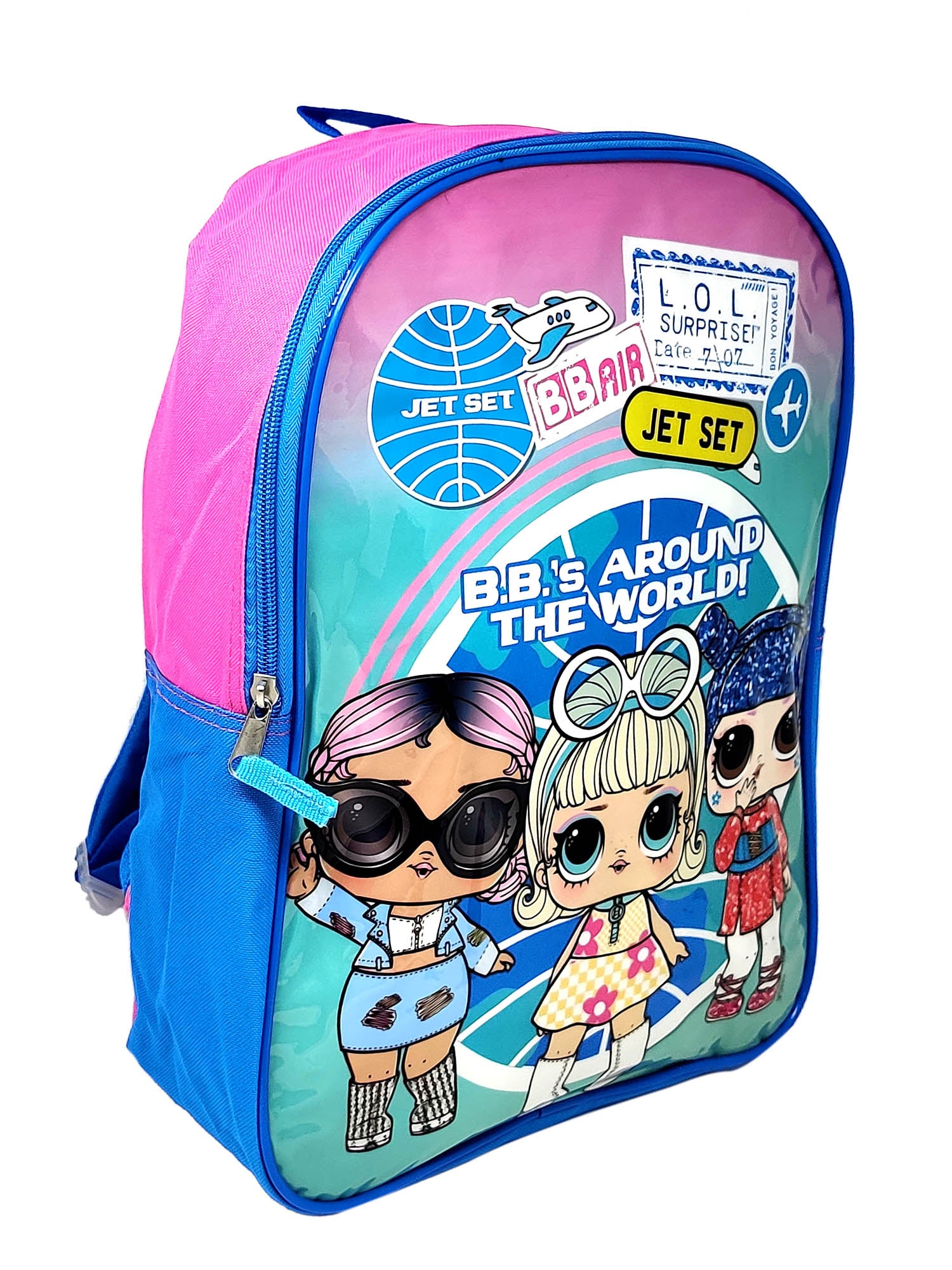 LOL Surprise 15" Backpack Jet Set Pink Kawaii w/ Elastic Hair Ponies 4-CT Set