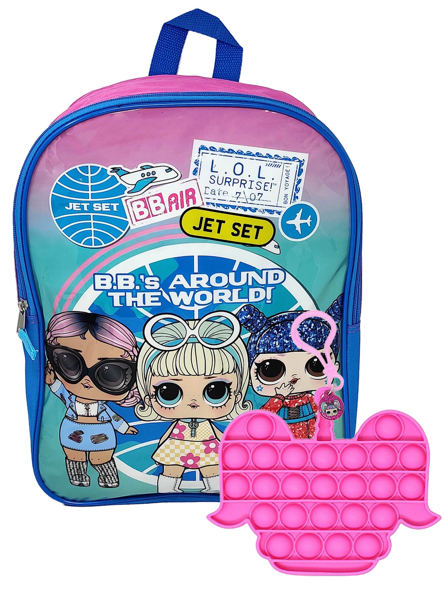 LOL Backpack 15" & Push Pop Keychain Clip Pink Set Girls School Bag Surprise