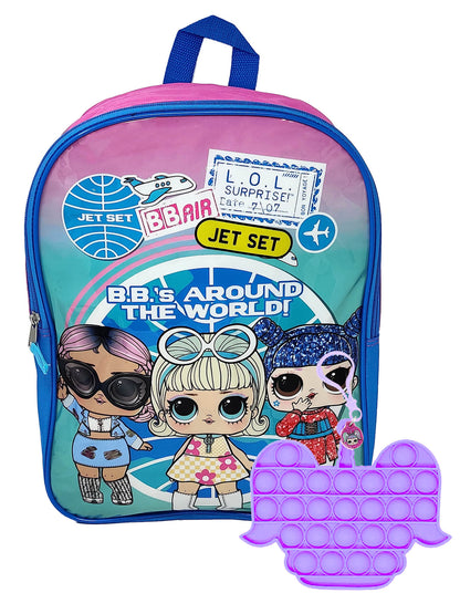 LOL Backpack & Push Pop Keychain Clip Purple Girls School Set L.O.L. Surprise