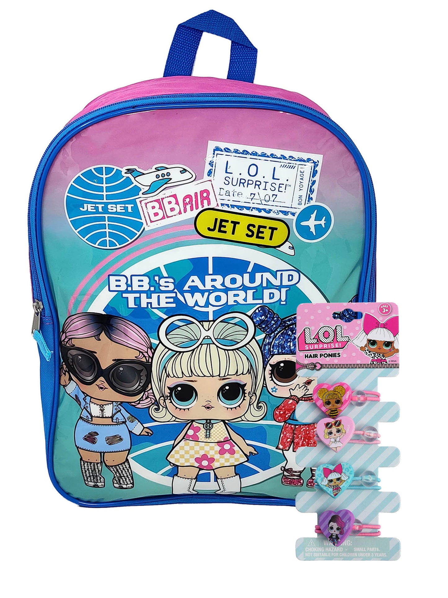 LOL Surprise 15" Backpack Jet Set Pink Kawaii w/ Elastic Hair Ponies 4-CT Set