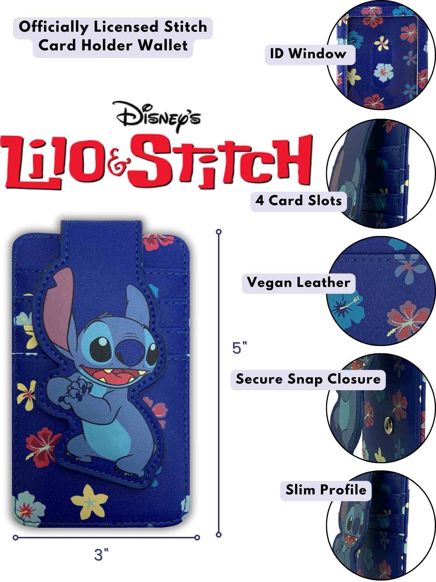 Womens Disney Stitch Card Holder Wallet Hawaiian Flowers Button Snap Closure