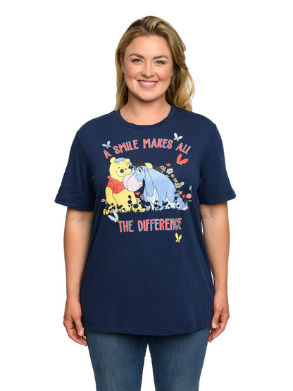 Women's Plus Size Disney Winnie The Pooh & Eeyore T-Shirt Smile Flowers Navy